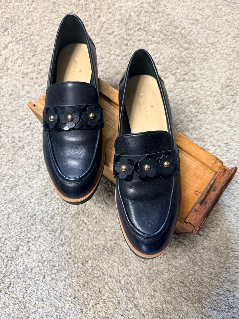 kate spade Black Leather Floral-Trim Loafers
